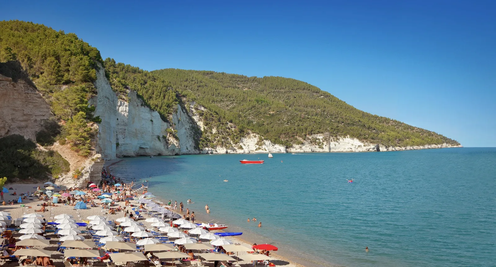 Spiaggia attrezzata con ombrelloni sotto le falesie del Gargano